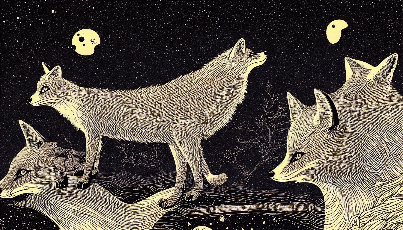 Prompt: fox gazing at the night sky by woodblock print, nicolas delort, moebius, victo ngai, josan gonzalez, kilian eng