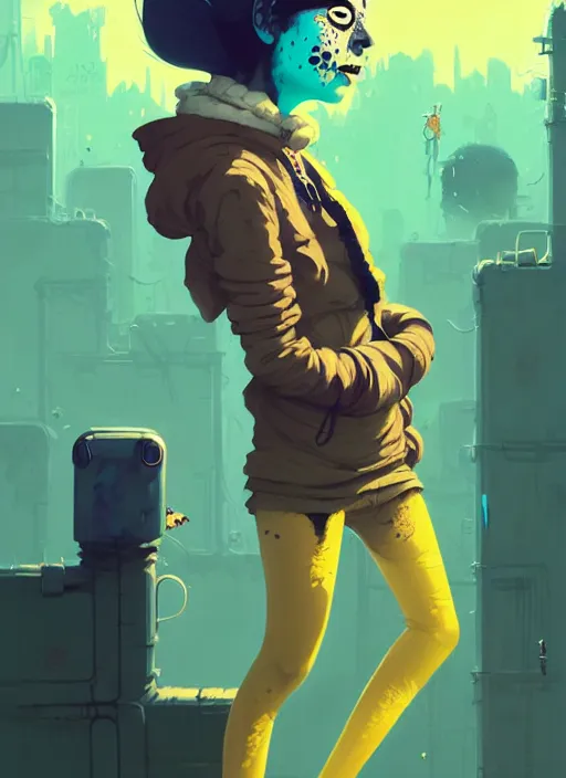 Image similar to highly detailed portrait of a sewer punk 2 1 year old lady with white graffiti face paint by atey ghailan, james gilleard, by joe fenton, by greg rutkowski, by greg tocchini, by kaethe butcher, 4 k resolution, gradient yellow, black, brown and cyan color scheme, grunge aesthetic!!! ( ( dystopian graffiti tag wall in background ) )