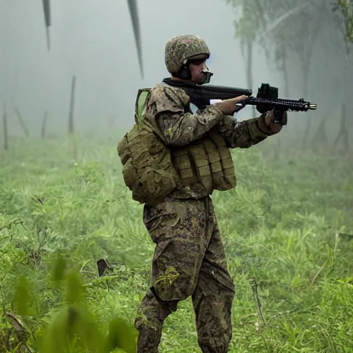 Image similar to military kangaroo firing a machine gun from a dense jungle in rain, marshy land