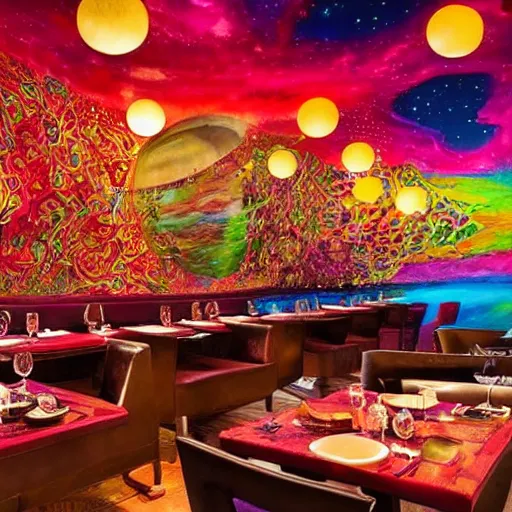 Image similar to The restaurant at the end of the universe, intricate, stunning, colorful, mysterious, ethereal atmosphere, stars