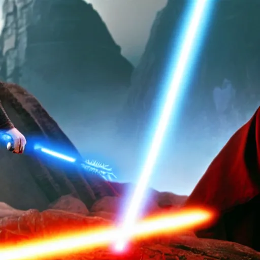 Prompt: Obi-Wan Kenobi surrendering to Anakin Skywalker on Mustafar by the lava, Anakin is pointing a blue lightsaber at him, cinematic lighting, photorealistic, 4k, very highly detailed