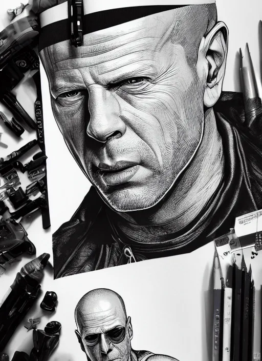 Image similar to highly detailed ink illustration of bruce willis, unreal engine, octane render, b & w clean shaped illustration by kim jung gi, ron english and eiichiro oda