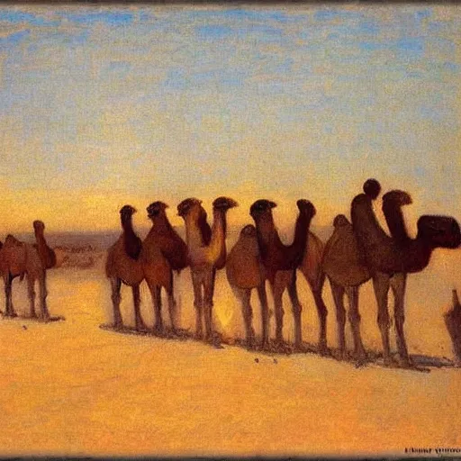 Prompt: camels at timbuktu, by henry ossawa tanner, at sunrise