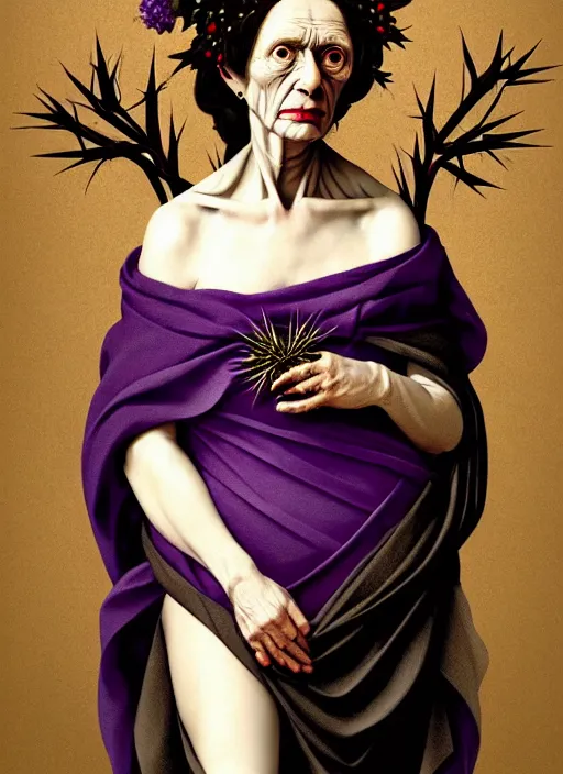 Prompt: portrait of a old year woman with a wreath of thorns a dress of bones and piony snake smoke, purple colour scheme, full length, masterpiece, dark background, art by caravaggio, artstation