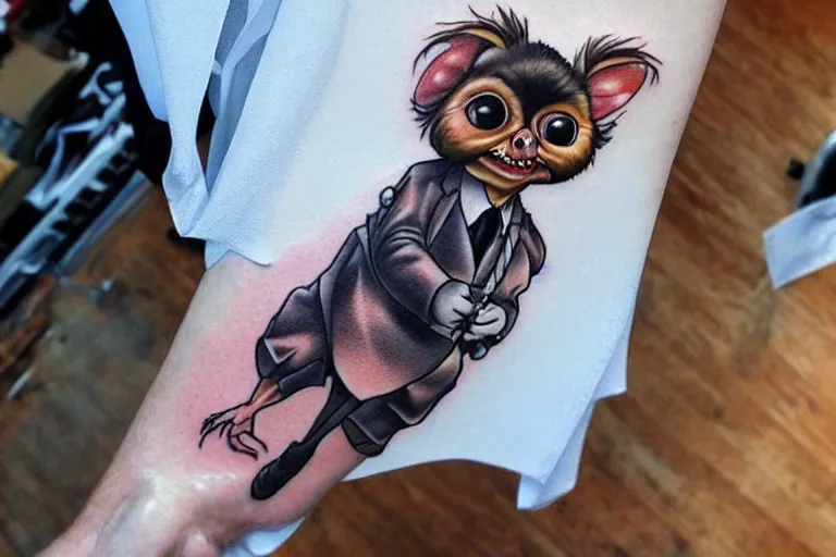 Image similar to a cute hyper realistic tattoo of gizmo from the movie gremlins wearing a wedding suit and looking happy. neo modern tattoo school, tattoo, dslr