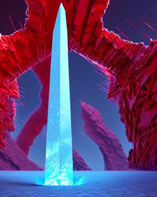 Image similar to futuristic sci fi exterior crystal jagged textured obelisk structures made out of red mandelbulb glowing crystal energy on the nuclear reactor unreal engine volumetric lighting subsurface scattering