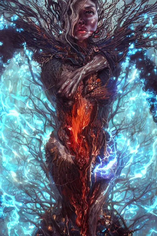 Image similar to torso closeup model wearing exploding fire crystal dress, rotten tree spirit dryad with a beautiful face, sorcerer, diamonds, angel, fantasy, dramatic lighting, highly detailed, digital painting, holding electricity, magic the gathering, hyper detailed, 3 d render, hyper realistic detailed portrait, peter mohrbacher, wlop, ruan jia