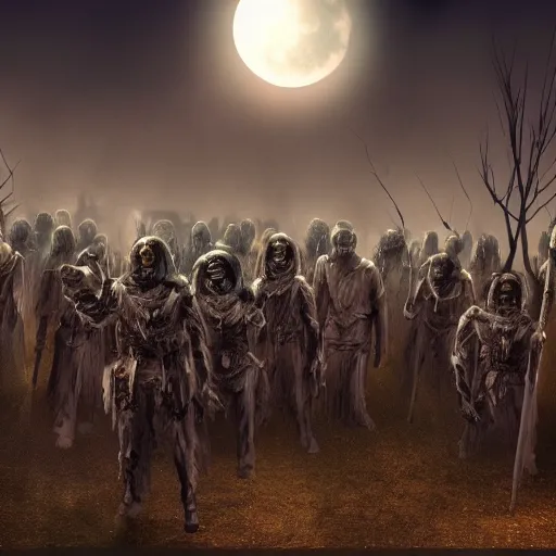 Prompt: a matte painting of an undead army, glowing eyes, night time, full moon, horror, cinematic scene, dramatic lighting,
