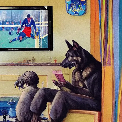 Image similar to a humanoid german shepherd beast - man, sitting and watching a soccer match in his house on television, he has hurt his knee and is a dad, by erin hanson, alexi zaitsev, karl spitzweg, award winning, tv set