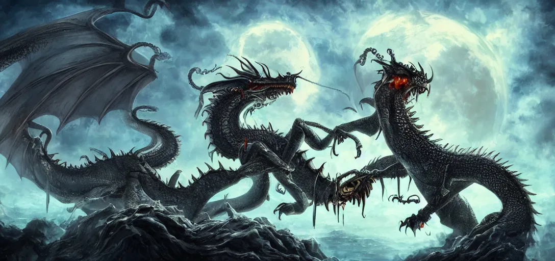 Prompt: concept art of dragon attack, lovecraftian, lots of teeth, melting horror, feathers, round moon, rich clouds, fighting the horrors of the unknown with laser guns, high resolution, detailed