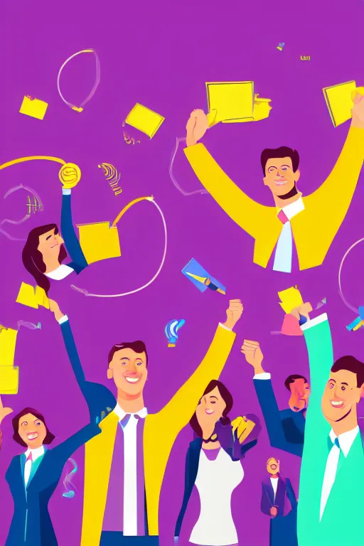 Prompt: corporate Vector illustration of business people jubilant at winning a prize, colourful, high detail, broadband.