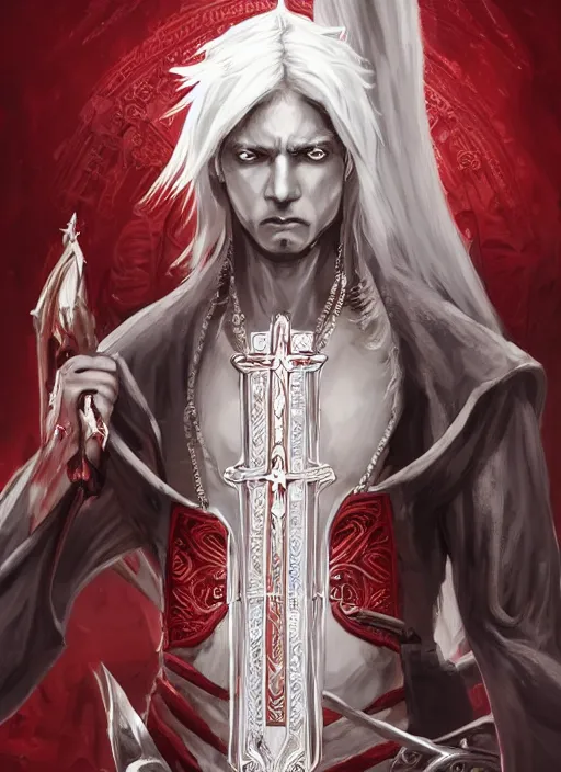 Image similar to a highly detailed illustration of white haired african priest, wearing cross on robe, wielding red blades made of blood, evil standing smiling pose, gothic church background, muscular, intricate, elegant, highly detailed, centered, digital painting, artstation, concept art, smooth, sharp focus, league of legends concept art, WLOP