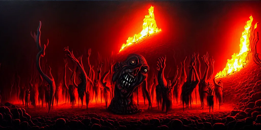 Prompt: repressed emotion creatures and monsters at the mouth of hell, dramatic lighting glow from giant fire, attempting to escape and start a revolution, in a dark surreal painting by ronny khalil