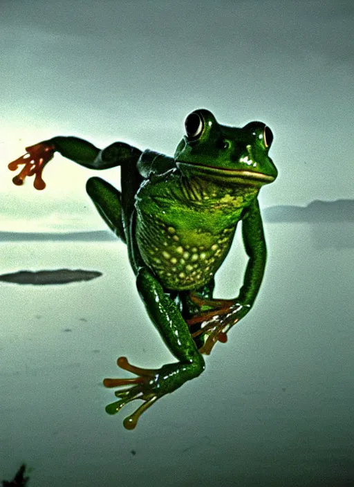 Image similar to semi translucent smiling frog amphibian hovering over misty lake in Jesus Christ pose, cinematic shot by Andrei Tarkovsky, paranormal, spiritual, mystical