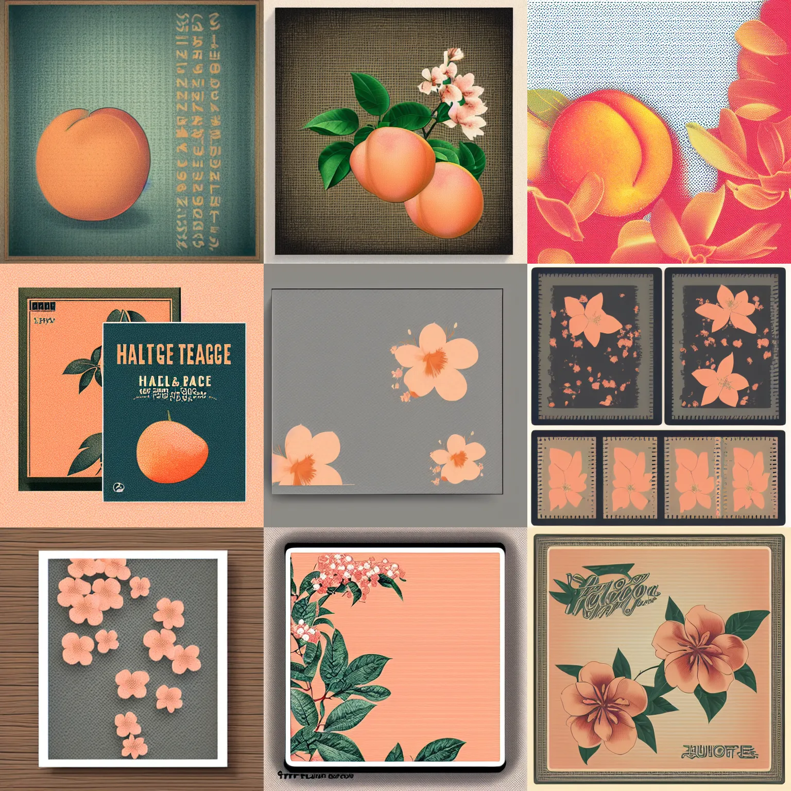 Prompt: vintage color halftone album artwork large peach and one blossom illustration, nostalgic high saturation, grainy film, neutral blank grey background