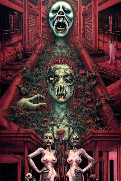 Image similar to a hyperrealistic painting of a haunted hotel lobby with spooky maids and clerk, cinematic horror by chris cunningham, lisa frank, richard corben, highly detailed, vivid color, beksinski painting, part by adrian ghenie and gerhard richter. art by takato yamamoto. masterpiece