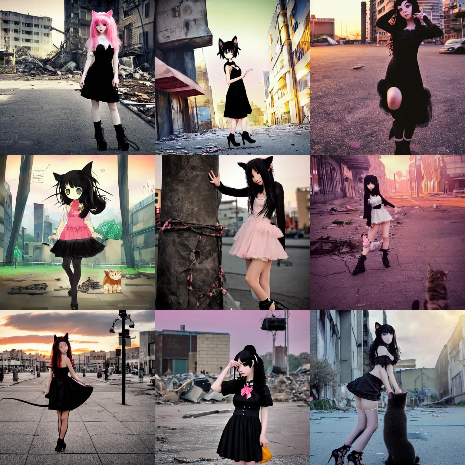 Prompt: cute anime neko girl with long black curly hair and 2 small cat ears on her head wearing nice black lace short evening dress and black high - heeled shoes, in the middle of the square of a ruined post - apocalyptic city at sunset