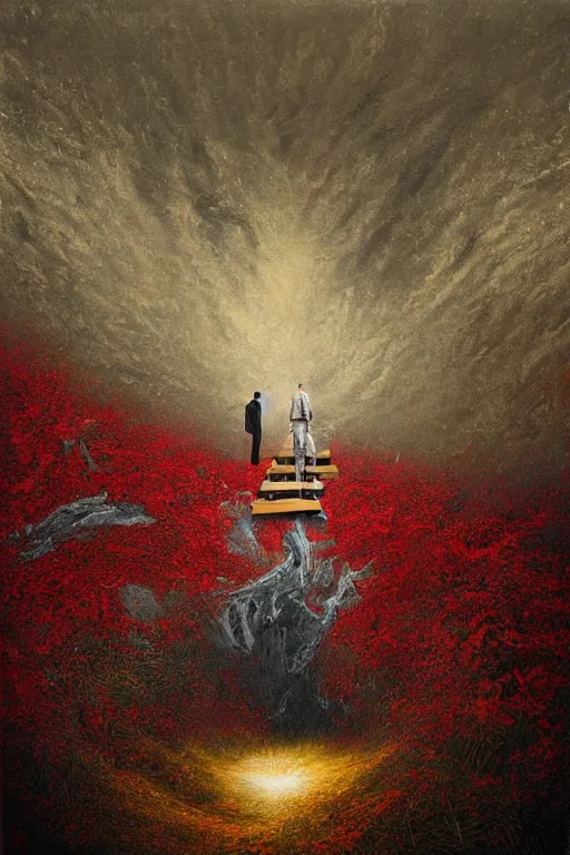 Image similar to immaculate painting of A Beautiful fine detailed gold and red and black Forest Illusion by erik johansson micro detailing