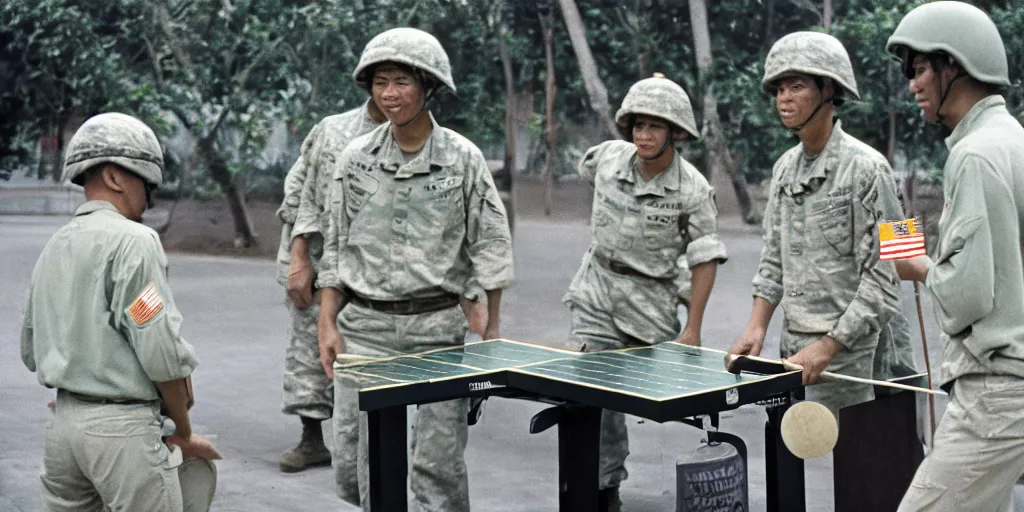 Prompt: u. s. soldiers in vietnam war, u. s. soldiers playing ping - pong on the base, portrait closeup, face closeup, coloured film photography, ken burns photography, lynn novick photography