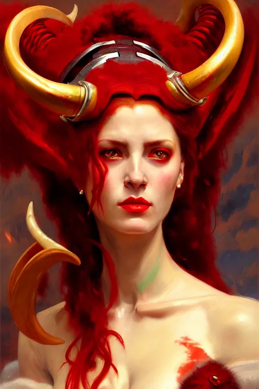 Image similar to painted close - up portrait of a very attractive red - skinned intimidating demon i robot girl with ram horns! oil painting, wearing a noblewoman's outfit, fantasy art by john singer sargent and gaston bussiere and james jean and greg rutkowski, demon noble character design, hd