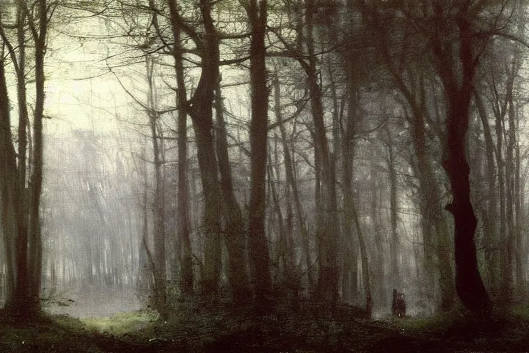 Image similar to dark and spooky painting of a forest dimly lit at night with tiny purple morning glory flowers trailing at the base of trees. foggy cinematic volumetric darkness, muted colour palette, detailed oil painting on canvas john william waterhouse, john everett millais