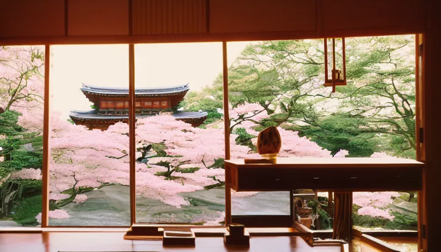 Image similar to 1 9 9 0 s candid 3 5 mm photo of a beautiful day in the a dreamy japanese flowery cottage designed by gucci, cinematic lighting, cinematic look, golden hour, a desk for flower arrangements and journaling has sun shinning on it through a window, temple in the distance, uhd