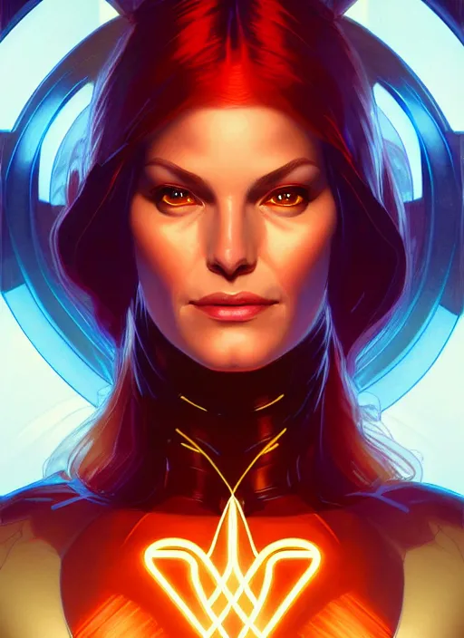 Image similar to symmetry portrait of jean grey from 9 0 s x - men, glowing lights, intricate, elegant, highly detailed, digital painting, artstation, concept art, smooth, sharp focus, illustration, art by artgerm and greg rutkowski and alphonse mucha