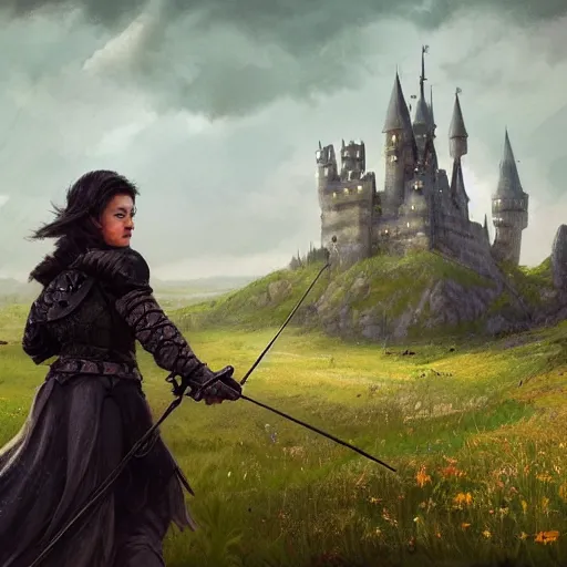 Prompt: a warrior girl with short black hair wearing a gray cloak and boots holding a crossbow standing in a meadow with medieval fantasy landscape with castle in the distance, shot from behind, fantasy art, digital art, by andreas rocha, trending on artstation, vibrant colors