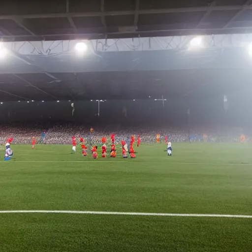 Prompt: clowns coming out of a small car in the middle of a soccer stadium while the game was happening, wide shot, phone quality, picture taken from the stadium bleachers, little fog, the soccer players are shocked