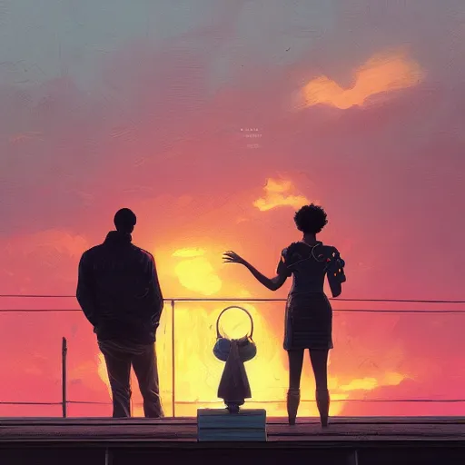 Prompt: highly detailed portrait of a black couple on the rooftop at sunset, synthwave city, stephen bliss, unreal engine, fantasy art by greg rutkowski, loish, rhads, ferdinand knab, makoto shinkai and lois van baarle, ilya kuvshinov, rossdraws, tom bagshaw, global illumination, radiant light, detailed and intricate environment