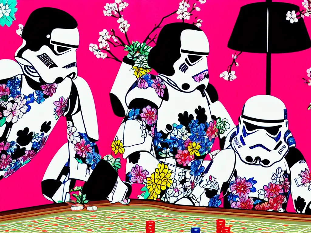 Image similar to hyperrealism composition of the detailed single woman in a japanese kimono sitting at an extremely detailed poker table with stormtrooper, fireworks and sakura tree on the background, pop - art style, jacky tsai style, andy warhol style, acrylic on canvas