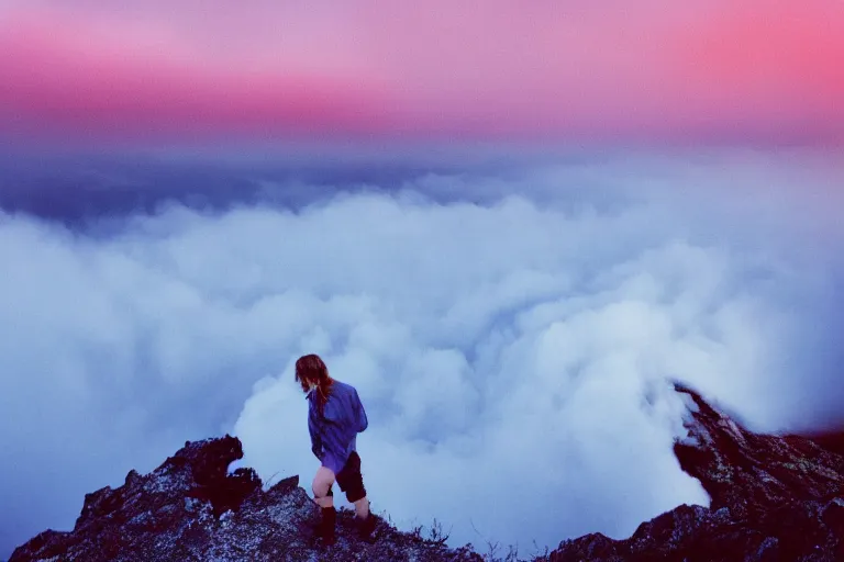 Image similar to holy discord moderator on top of a tall mountain, blue fog, tornadoes surrounding, film photography, soft lighting, vignette