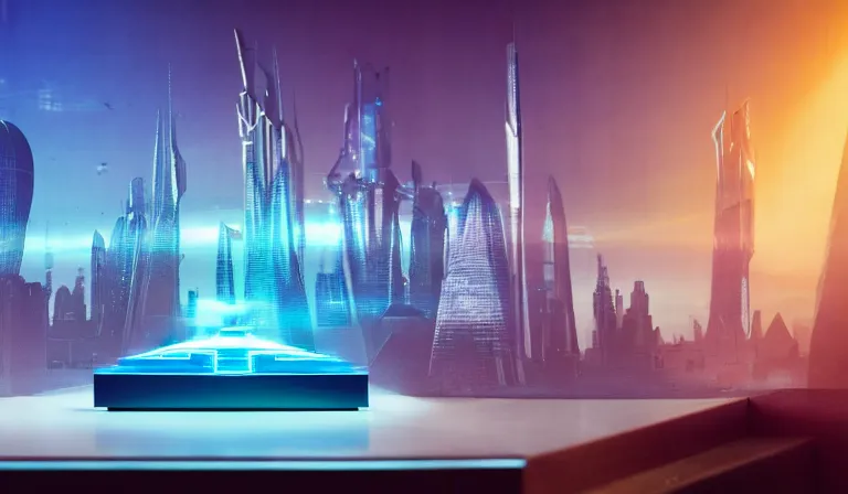 Image similar to crowd of people in open museum, looking at hologram of futuristic city on a table, cinematic concept art, godrays, golden hour, natural sunlight, 4 k, clear details, tabletop model buildings, center model buildings, hologram center, crane shot, wide shot, high shot