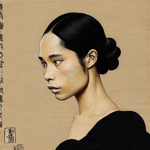 Prompt: “ zoe kravitz portrait by ikenaga yasunari and ayana otake and ko rakusui, drawing, realistic, sharp focus, japanese, dreamy, nostalgia, faded, golden hues, floral clothes ”