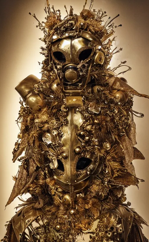 Image similar to full size golden armor, cultist robe, flower mask, ornate, made of sniny latex, feathers, crystals, and smoke by giger and irene van herpen + cyberpunk + steampunk + bees + flowers, insects, honeycombs + sharpened + extremely detailed + harsh gallery lighting + cinematic