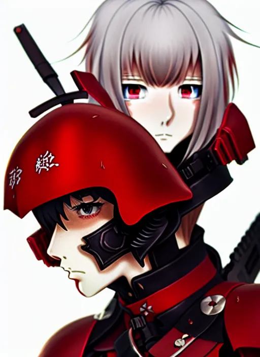 Image similar to anime portrait of a vicious helldiver scout soldier, red armor with white accents, closeup on face, ilya kuvshinov, anime, pixiv top monthly, trending on artstation, cinematic, danbooru, zerochan art, kyoto animation