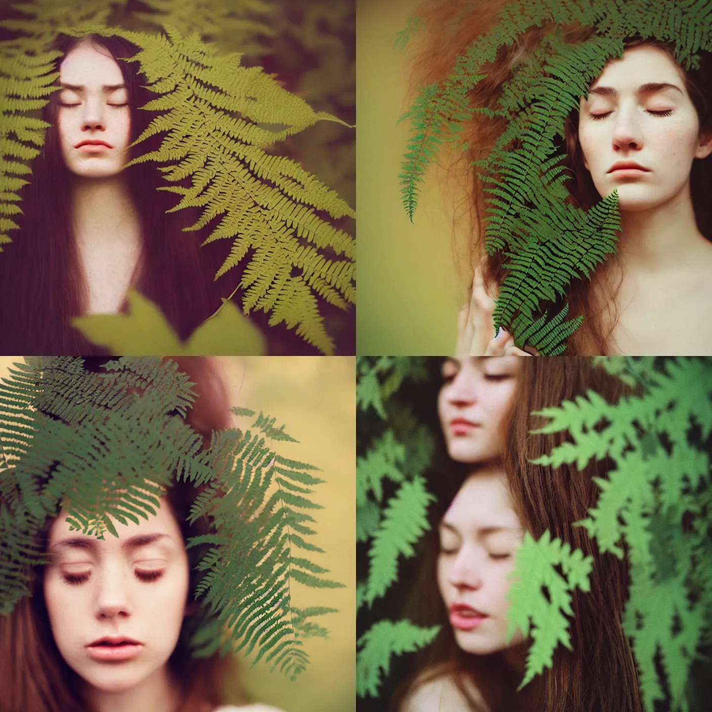 Prompt: An analog head and shoulder frontal face portrait photography of a woman behind multiple big!! fern! leaves by Oleg Oprisco. Long hair. eyes closed. Kodak Portra 800 film. Depth of field. whirl bokeh. Sunshine!!. Golden hour. detailed. hq. realistic. warm light. muted colors. Moody. Filmic. Dreamy. lens flare. Leica M9, f/1.2, symmetrical balance, in-frame