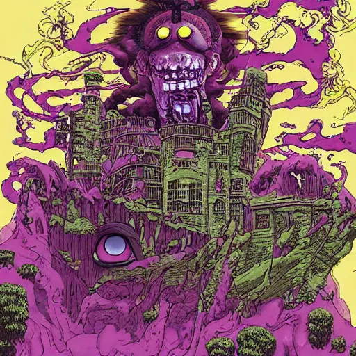 Image similar to distorted by katsuhiro otomo, by phil foglio deep purple. the experimental art features a group of monsters who live in a castle & have to deal with frankenstein's monster.