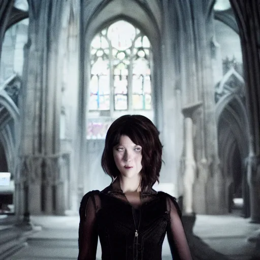 Prompt: mary elizabeth winstead as a vampire showing her fangs in a gloomy gothic cathedral at night