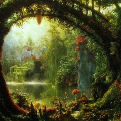 Image similar to a beautiful and highly ocd detailed matte painting of a magical garden of delights in a mystical forest in a dream like valley deep in the magical mountains of avalon, intricate details, epic scale, insanely complex, 8 k, sharp focus, hyperrealism, very realistic, by caspar friedrich, albert bierstadt, james gurney, brian froud,