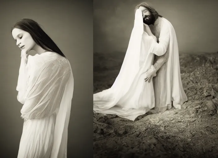 Prompt: jesus hugging a woman from behind, spirit hugs, in style of paolo roversi, britt marling style 3 / 4, long hair, a beautiful ethereal lace white robe, 8 k, soft focus, soft light, volumetric lighting, highly detailed realistic, refined, highly detailed, natural outdoor soft pastel lighting colors scheme