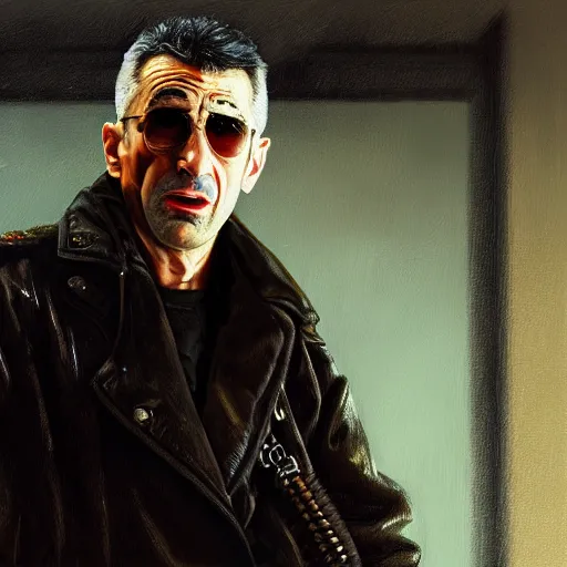 Image similar to realistic portrait of travis bickle ( robert deniro ), trending on artstation, low angle oil painting and composition laws, cinematic lighting, hyperdetailed, cgsociety, 8 k, martin scorsese cinematography, taxi driver