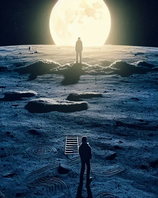 Image similar to a person standing in front of an open door that's on the moon, poster art by mike winkelmann, trending on cg society, space art, sci - fi, ue 5, futuristic, volumetric lighting