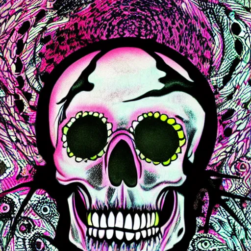 Image similar to colorful illustration of skull, by kezie demessance and junji ito