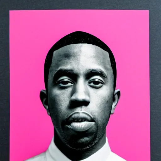 Image similar to greyscale magazine cutout of Tyler the Creator pasted on a pink background