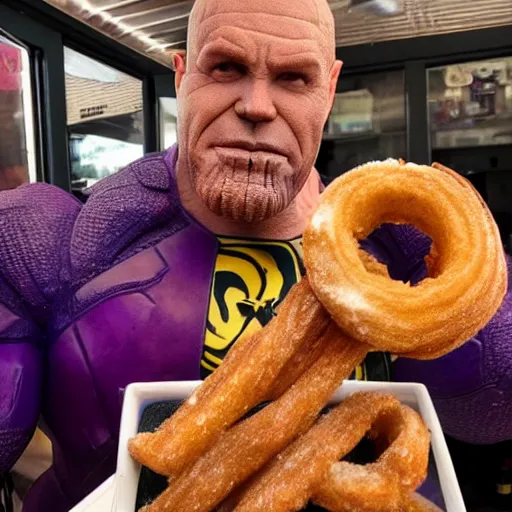 Image similar to thanos from marvel mcu eating a churros at a bar in tharros ( sardinia )