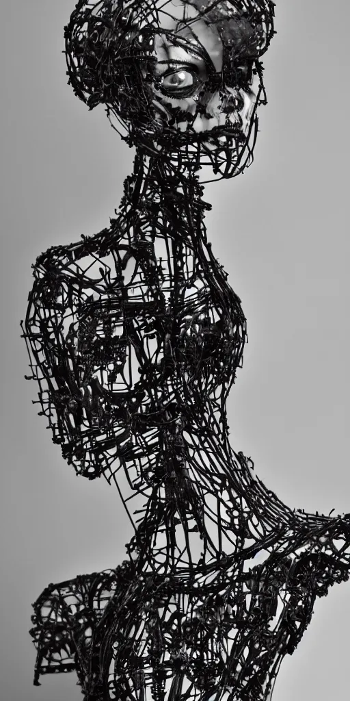 Image similar to black and white dreamy foggy smoky profile face portrait, single skeletal biomechanical beautiful young female cyclops - cyborg - robot bust, body ribs meshes,, volumetric light, rim light, by dora maar and cecile beaton, big gothic fashion pearl embroidered collar, 8 k