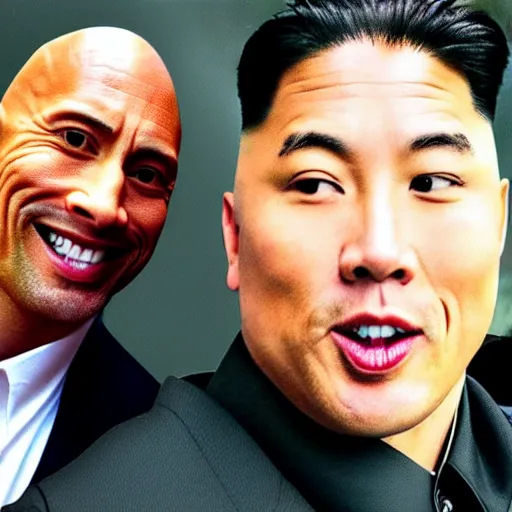 Image similar to dwayne the rock johnson and kim jong - un, selfie, phone photo,