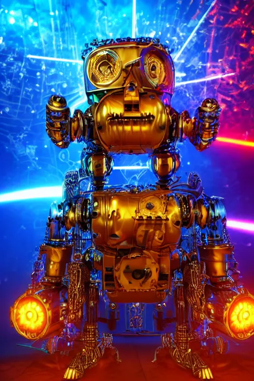 Prompt: portrait photo of a giant huge golden and blue metal steampunk robot covered with multicolored guitars and gears and tubes, eyes are glowing red lightbulbs, shiny crisp finish, 3 d render, 8 k, insaneley detailed, fluorescent colors, background is multicolored lasershow