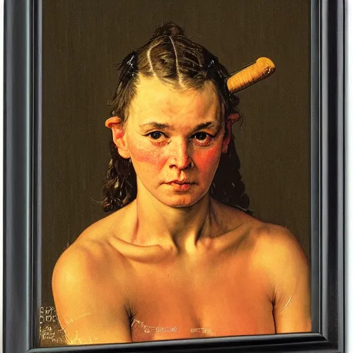 Image similar to frontal portrait of a savage barbarian female, by norman rockwell